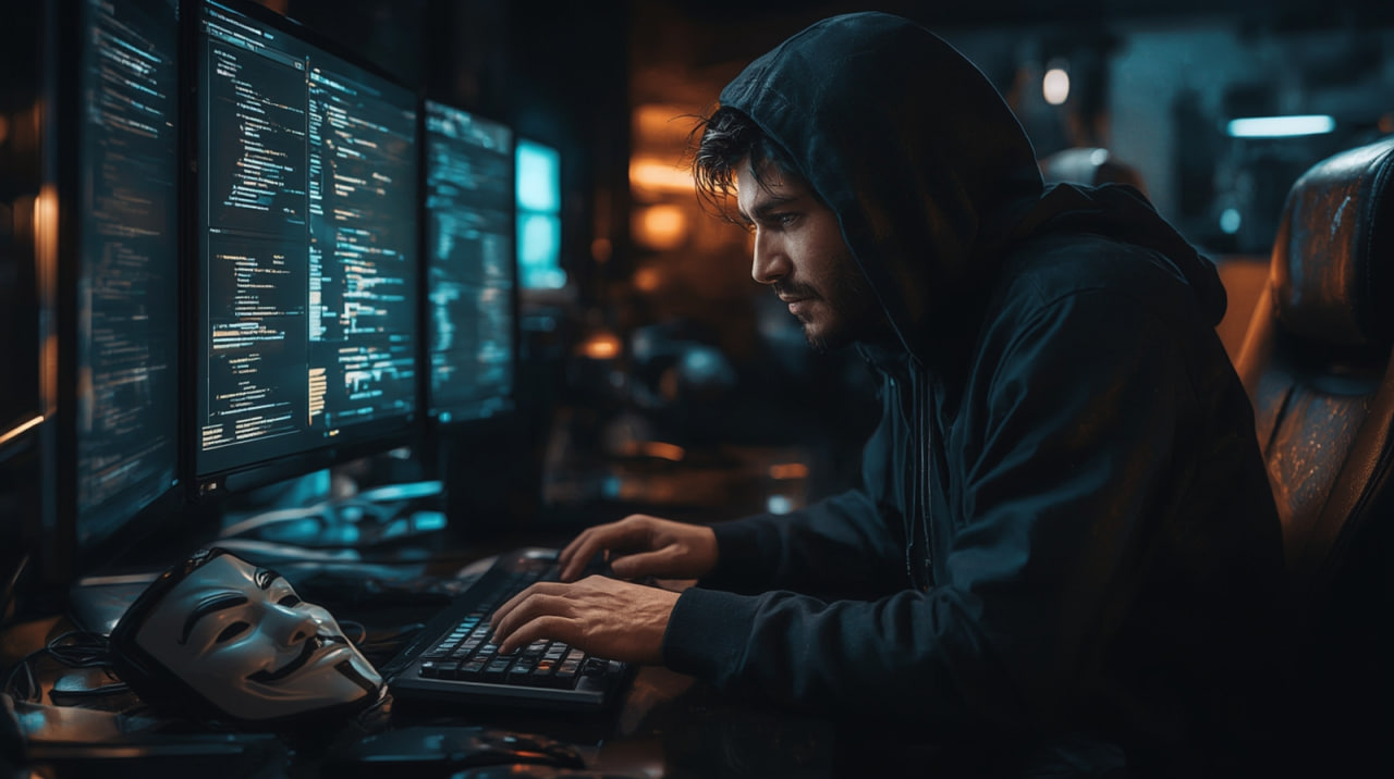 Обложка для статьи о переходе из разработки в AppSec: разработчик видит на своем мониторе одновременно код и уязвимости, а маска хакера на столе символизирует его новые навыки.